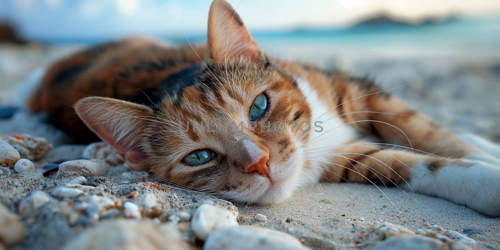 A serene calico cat relaxing on a sandy beach with a clear blue sky.