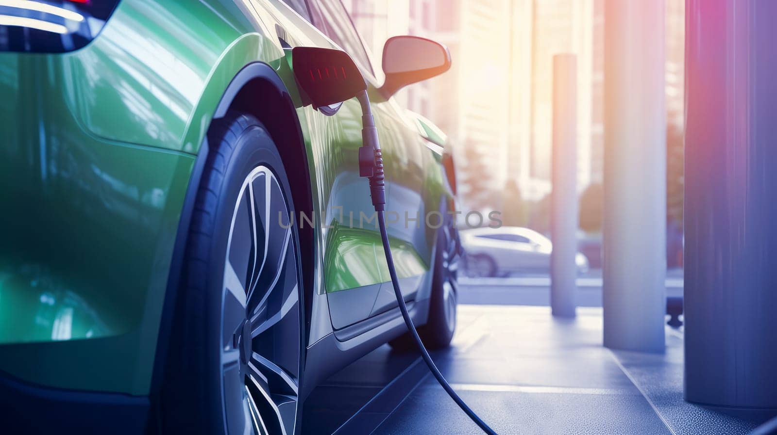 EV car or electric car at charging station with power cable connected on blurred nature with blue energy effect. Preserving clean air on Earth. Clean sustainable energy concept.