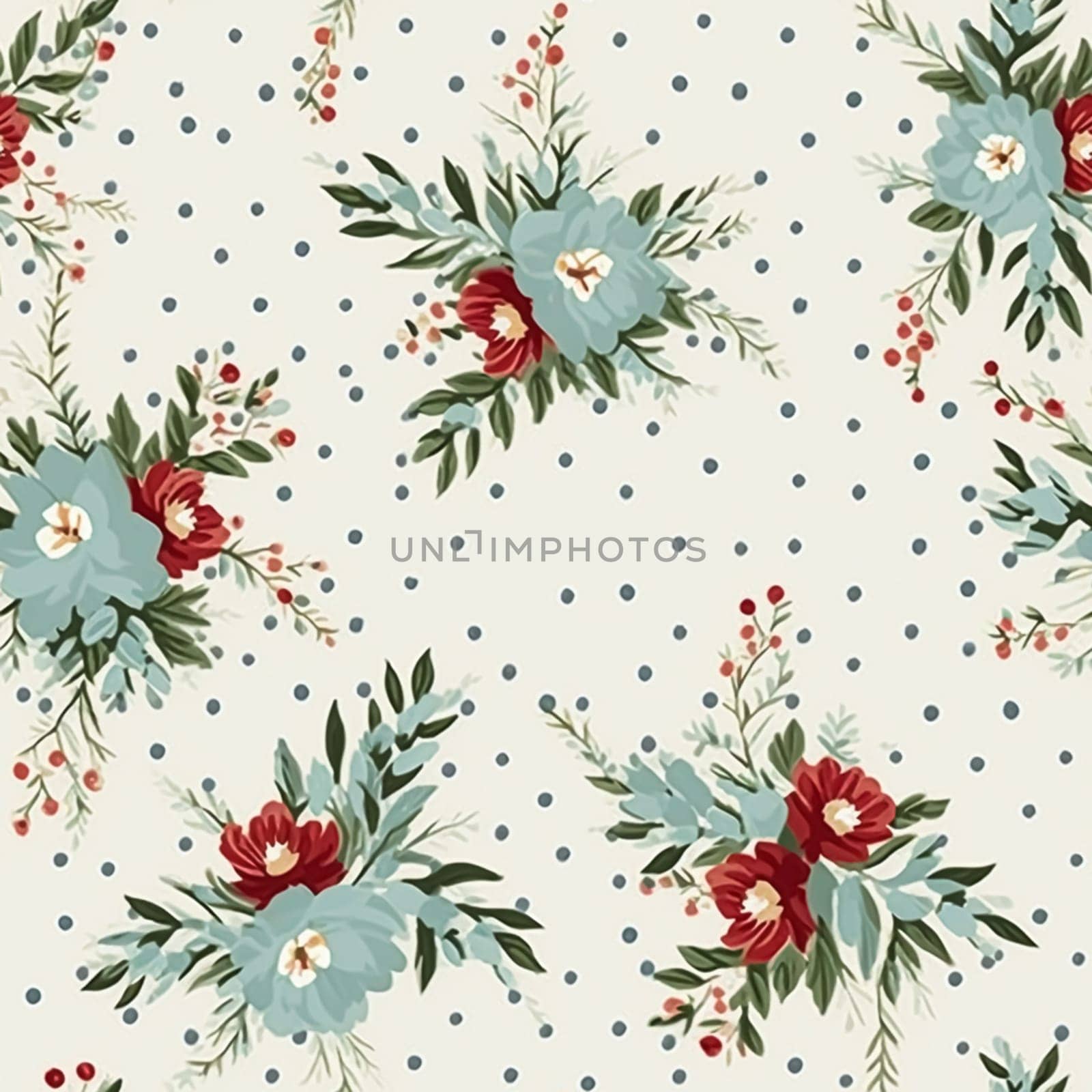 Seamless pattern, tileable Christmas holiday floral country dots print, English countryside flowers for wallpaper, wrapping paper, scrapbook, fabric and product design by Anneleven