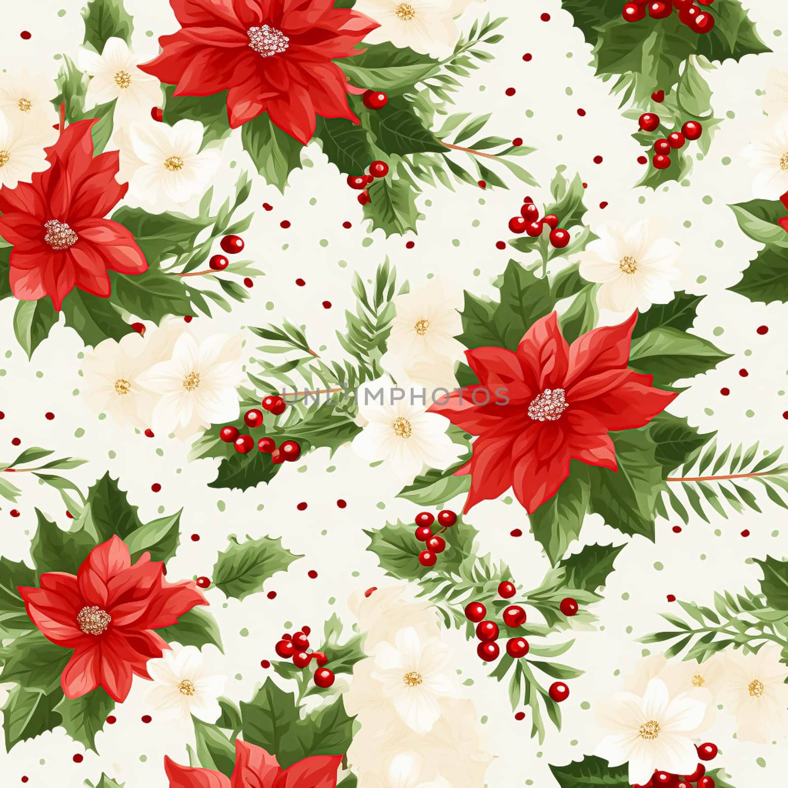 Seamless pattern, tileable Christmas holiday floral country dots print, English countryside flowers for wallpaper, wrapping paper, scrapbook, fabric and product design motif