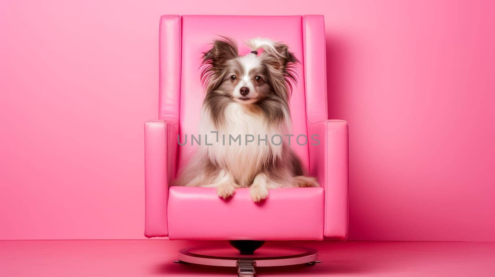 A small dog sits in a chair on a pink background, waiting for its turn for procedures. Animal grooming, grooming, groomer, animal spa, pet store, online store for animals, animal hotel, copy space, boutique.
