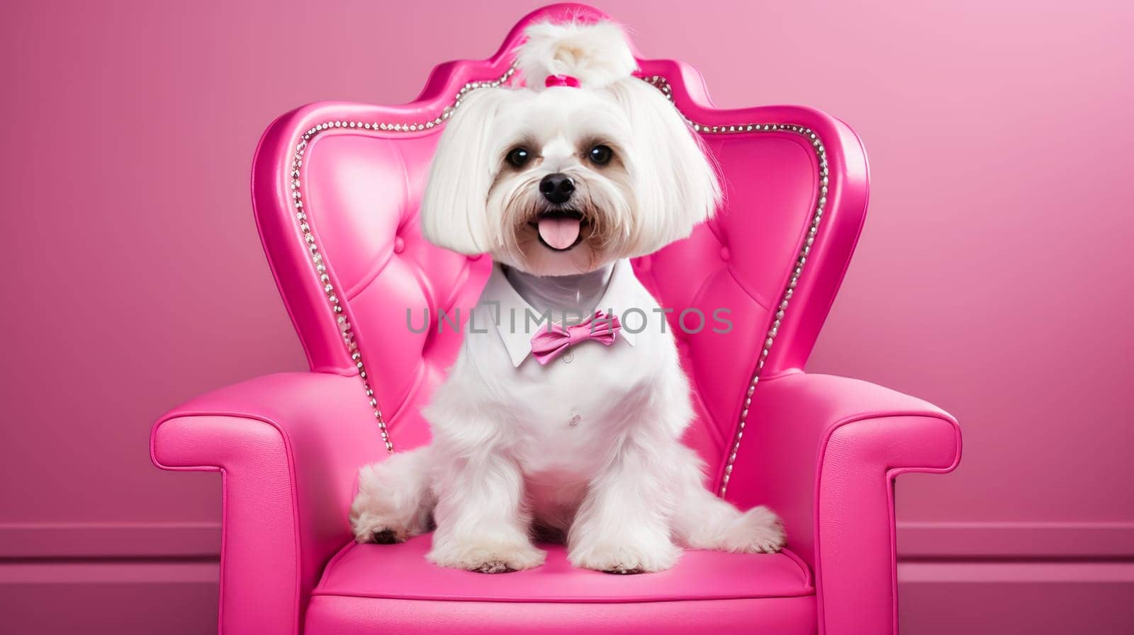 A small dog sits in a chair on a pink background, waiting for its turn for procedures. by Alla_Yurtayeva