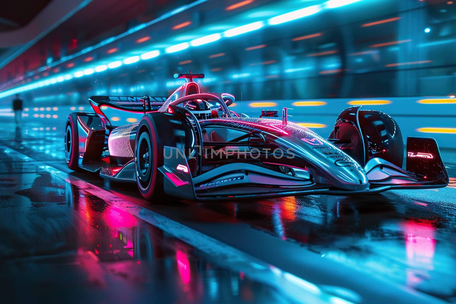 Racing car on the track in neon light with a motion effect. Concept of high speed, auto racing.