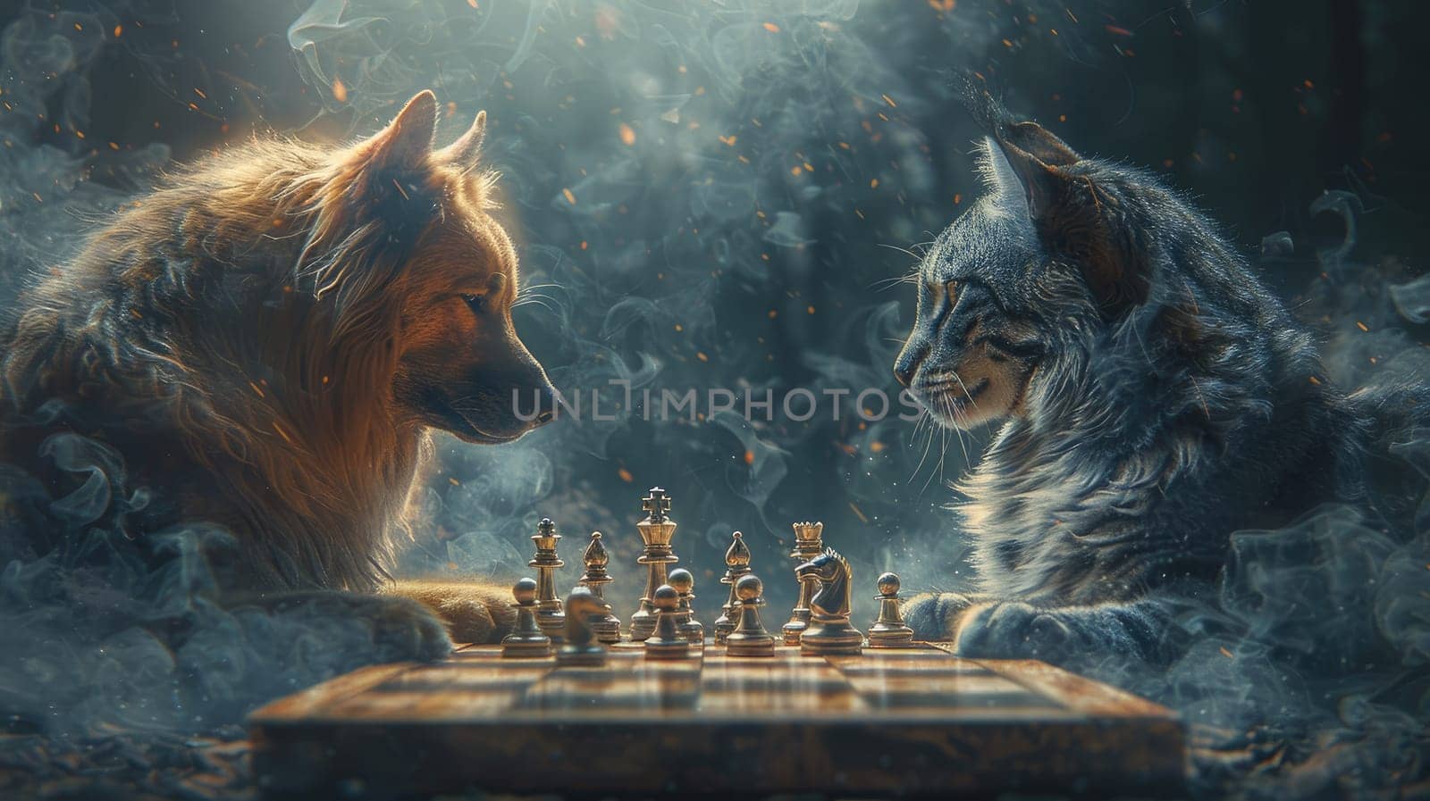 A cat and a dog playing chess, Business strategic planning concept by nijieimu