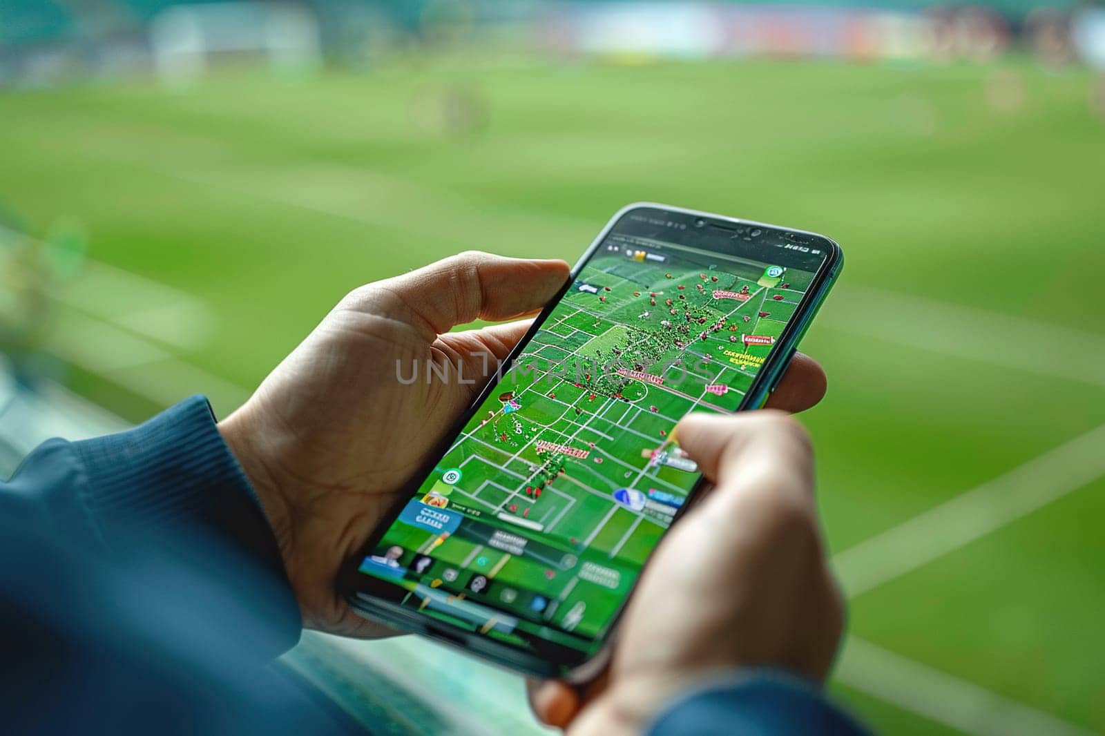 A man with a mobile phone in his hands watches an online football broadcast at the stadium. Concept of sports applications on mobile devices. Generated by artificial intelligence by Vovmar