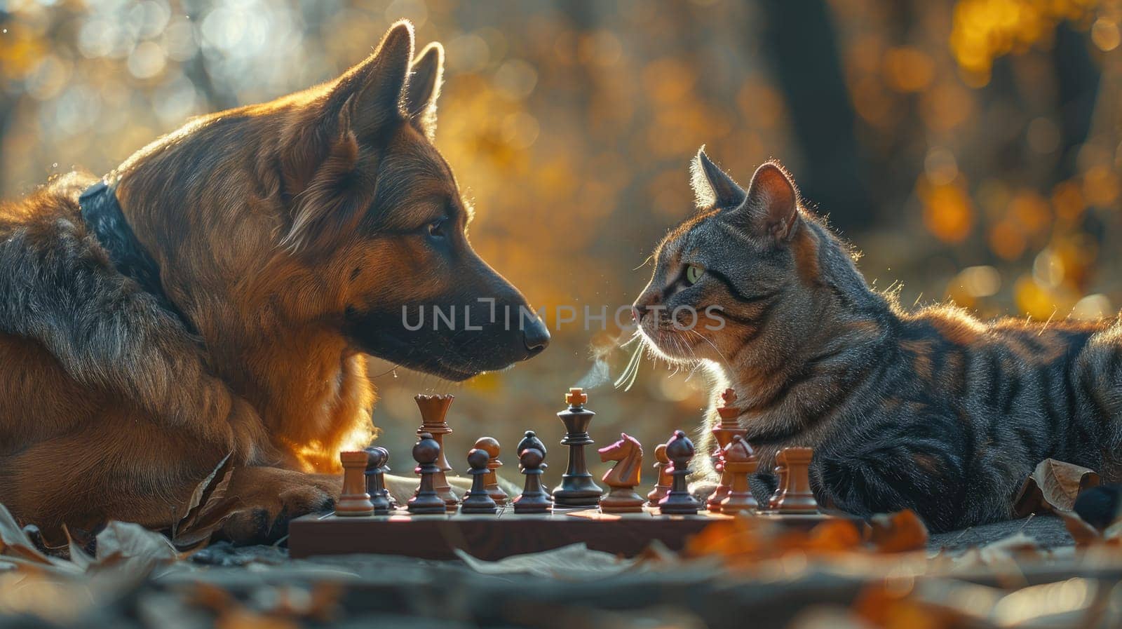 A cat and a dog playing chess, Business strategic planning concept by nijieimu