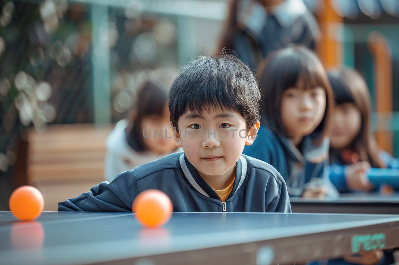 Asian children play table tennis or ping pong outdoors. Generated by artificial intelligence by Vovmar