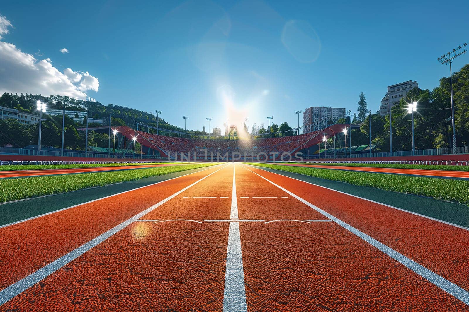 Empty red running track at the stadium in sunny weather. Concept of running, sport, competition. Generated by artificial intelligence by Vovmar