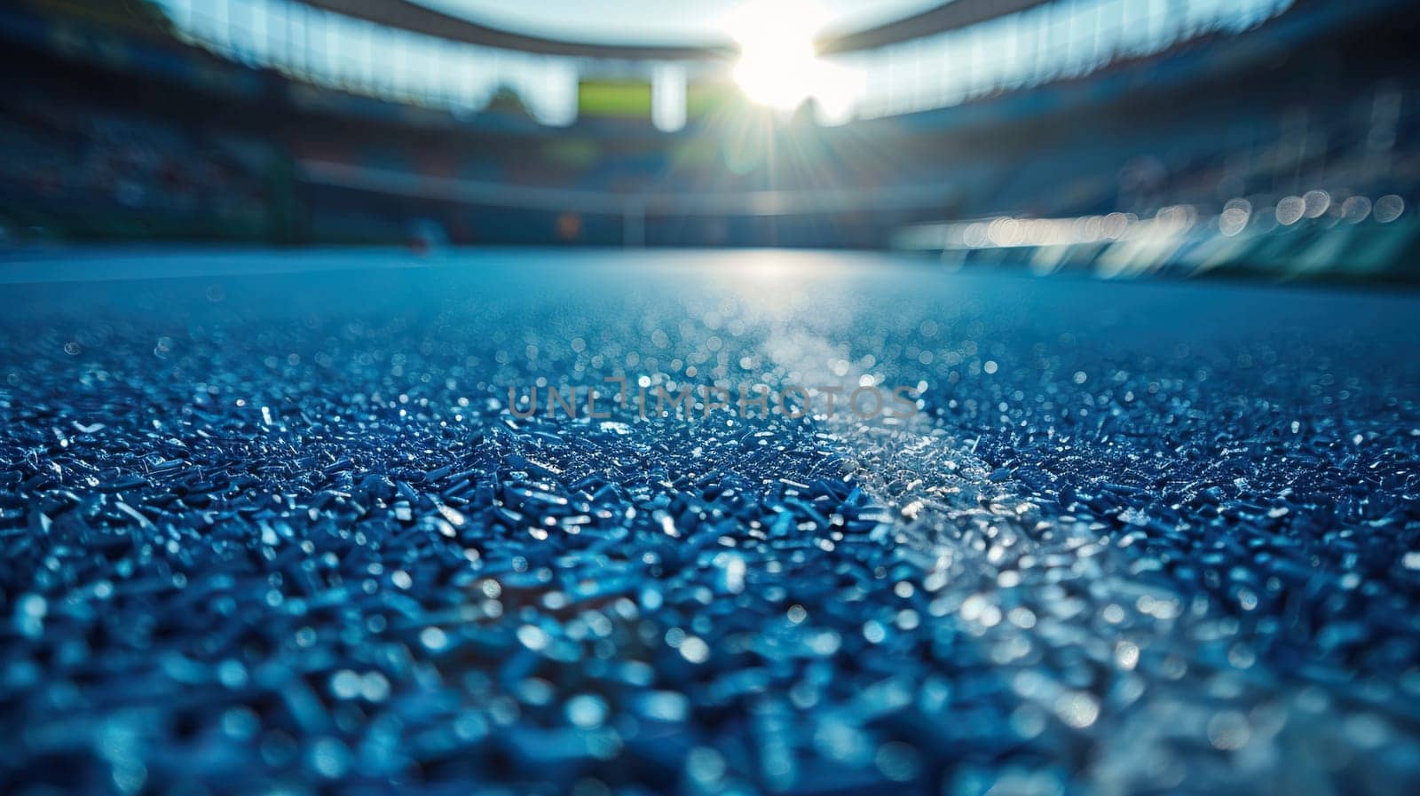 Close-up of a tennis court with blue turf. Ground level shot. Generated by artificial intelligence by Vovmar
