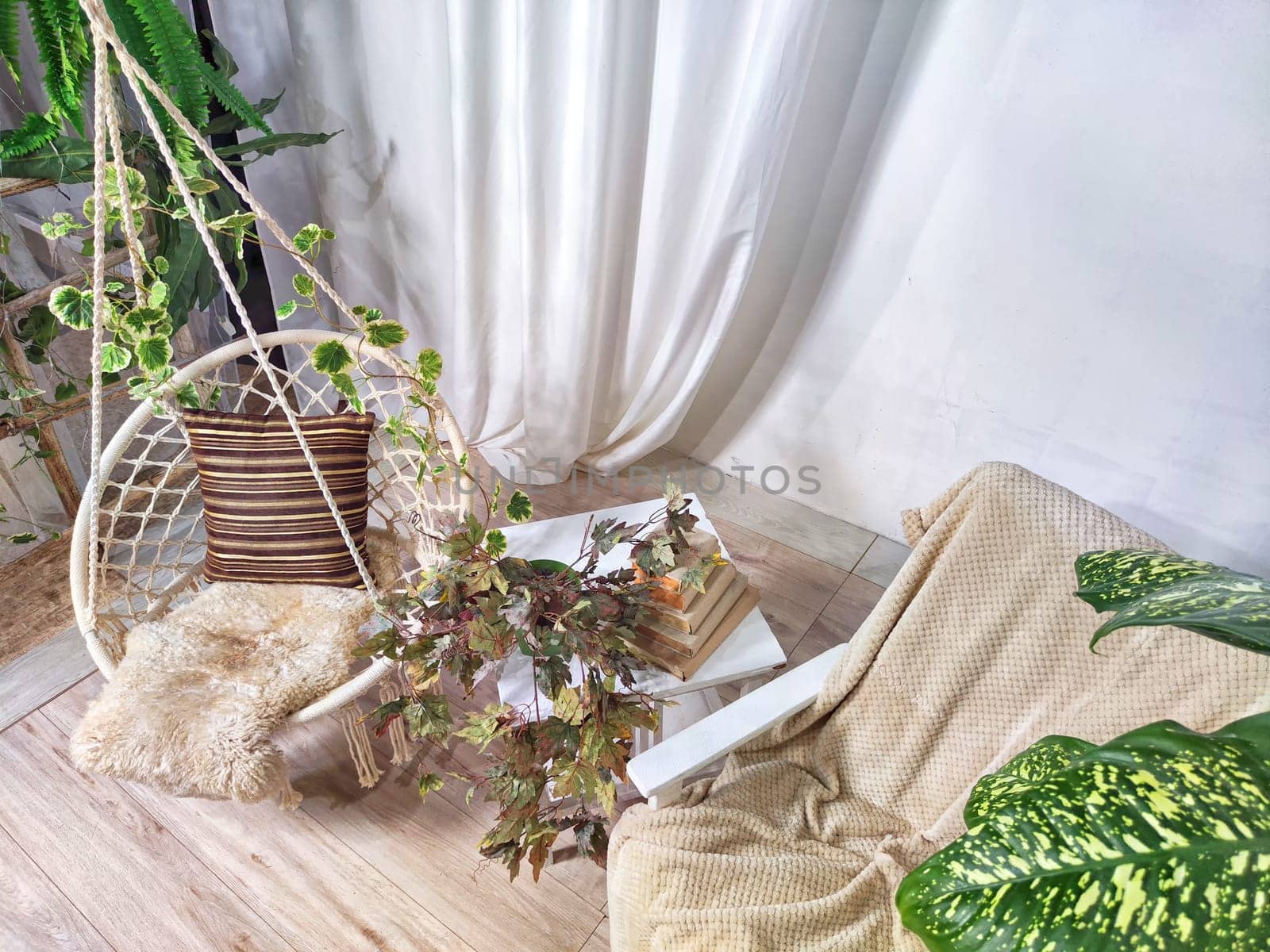 Modern cozy beautiful room with a braided rope macrame swing, chair, green plants, small table and curtains. Interior and background. Location for photo shooting