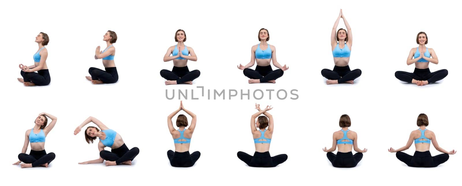 Meditation yoga exercise on isolated background in gaiety full body length shot. by biancoblue