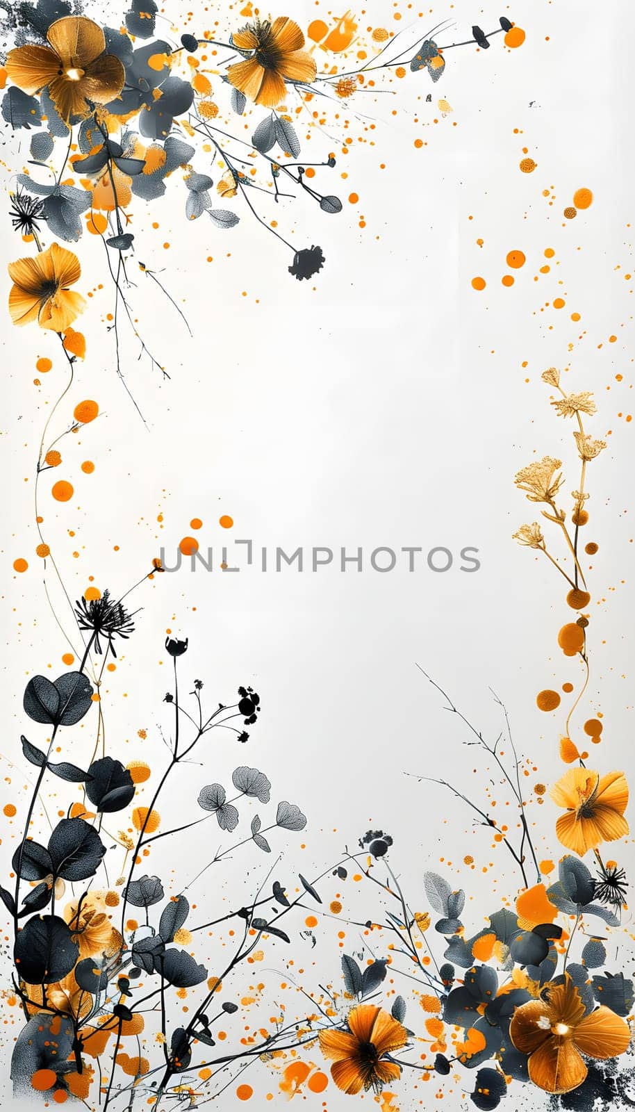 A botanical art piece featuring yellow and black flowers on a white canvas by Nadtochiy