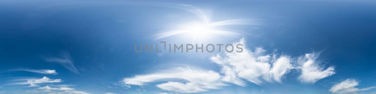 Sky 360 panorama - Bright blue sky filled with fluffy white Cirrus clouds. Seamless hdr spherical 360 panorama. Sky dome sky replacement for aerial drone 360 panoramas. Weather and climate change by Matiunina