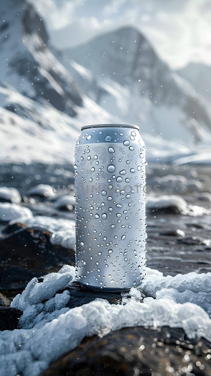 A can of soda is perched on a snowy rock near a mountain, surrounded by icy fluid. The freezing temperatures create a contrast between the cold atmosphere and the refreshing drink inside