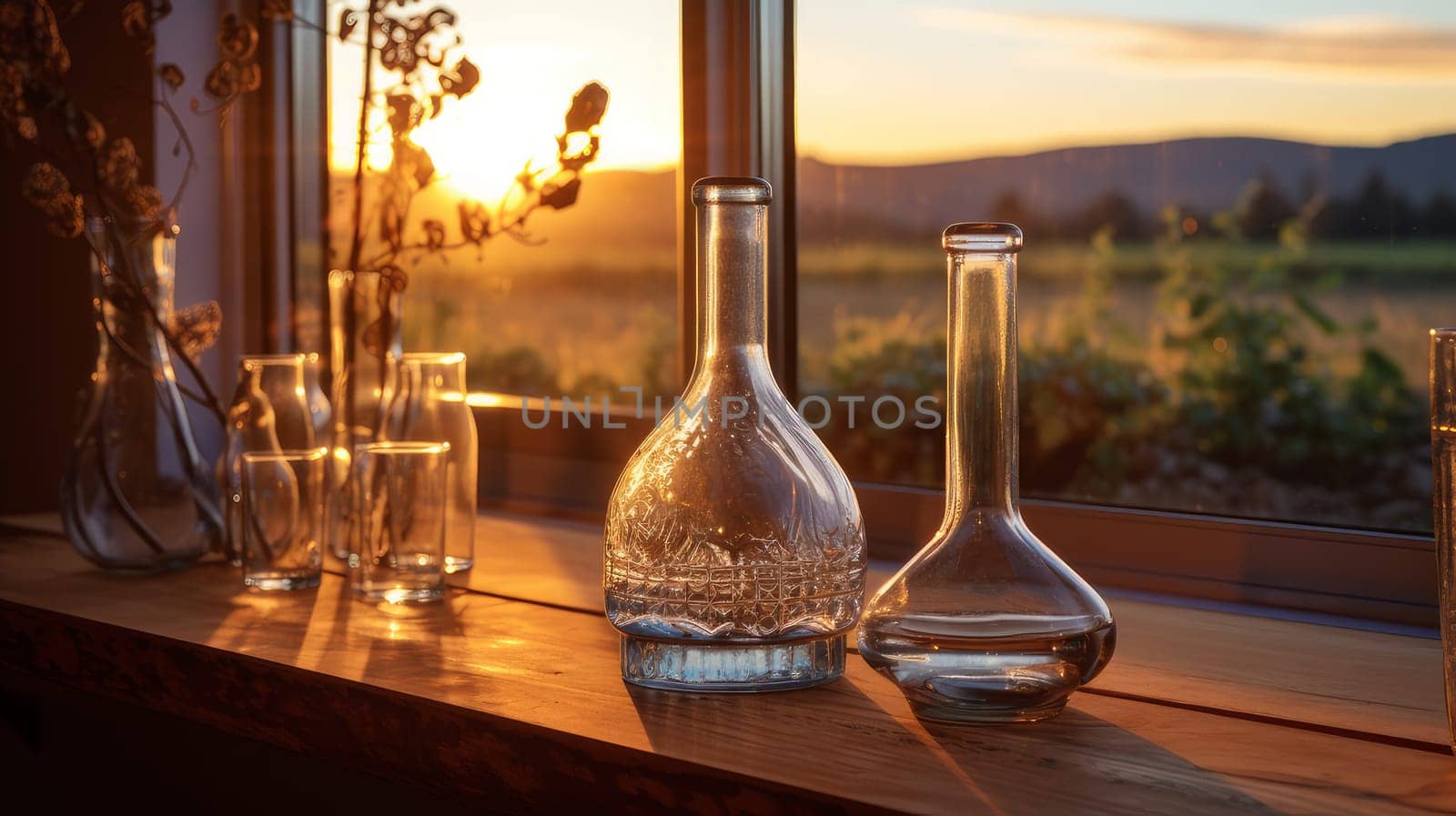 Red wine swirls in a glass. A bush of grapes before harvest. A hand holds a glass of white wine against a vineyard in the background of a rural landscape during sunset. by Alla_Yurtayeva