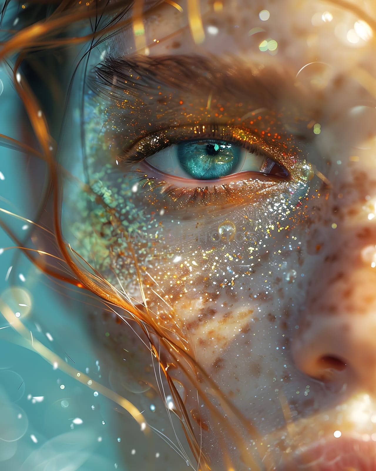 Closeup of a womans eye with glittery electric blue eyeshadow by Nadtochiy