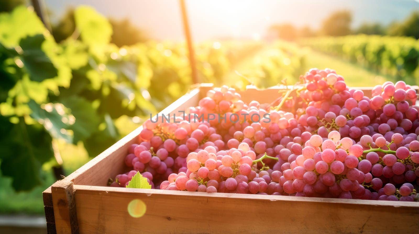 Collection of red rose grapes. Grapes in a basket and in the vineyard. Autumn mood in the wine industry countryside against backdrop sun. Wine making, vineyards, tourism business small and private business, chain restaurant, flavorful food and drinks