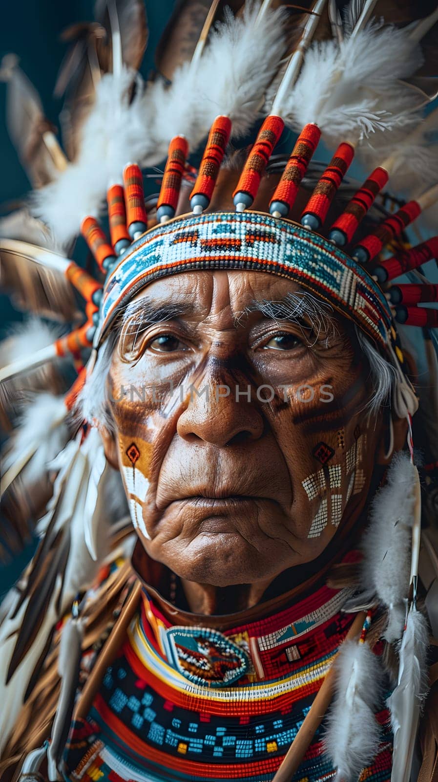 A closeup of a tribal chief wearing a native american headdress, showcasing intricate art and cultural significance on his forehead and temple, symbolizing the unity of the tribe at a special event