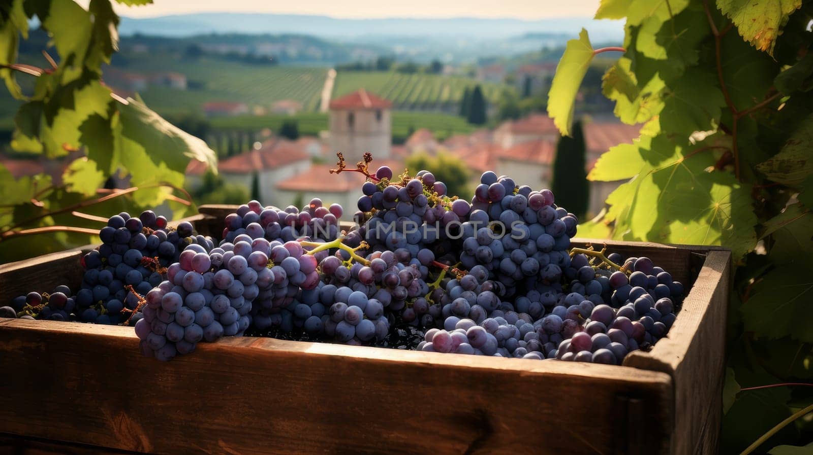 Collection of blue grapes. Grapes in a basket and in the vineyard. Autumn mood in the wine industry in the countryside against the backdrop of the sun. by Alla_Yurtayeva