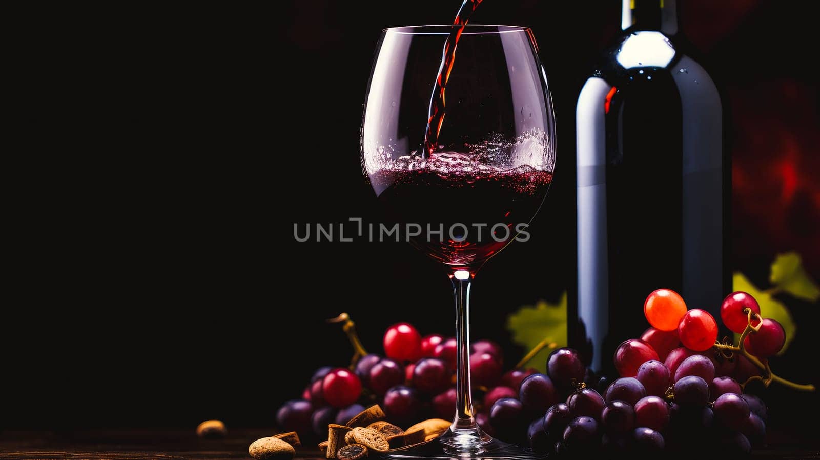 Refined still life with red wine, cheese and grapes on a wicker tray on a wooden table on a dark background. by Alla_Yurtayeva