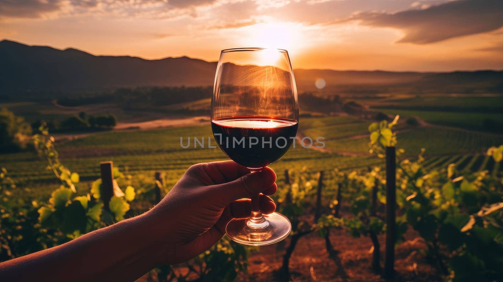 Red wine swirls in a glass. A bush of grapes before harvest. A hand holds a glass of white wine against a vineyard in the background of a rural landscape during sunset. by Alla_Yurtayeva