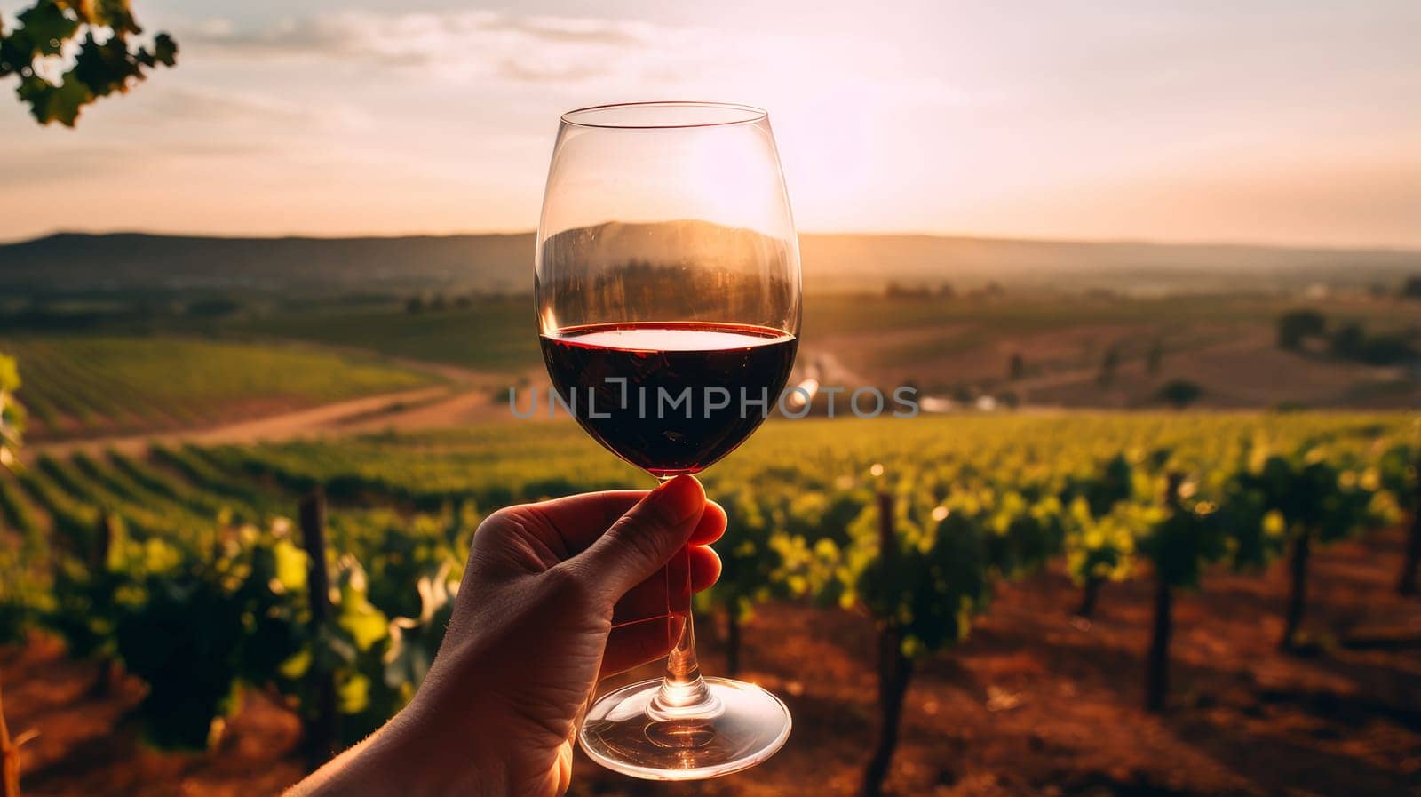 Red wine swirls in a glass. A bush of grapes before harvest. A hand holds a glass of white wine against a vineyard in the background of a rural landscape during sunset. Wine making, vineyards, tourism business, small and private business,