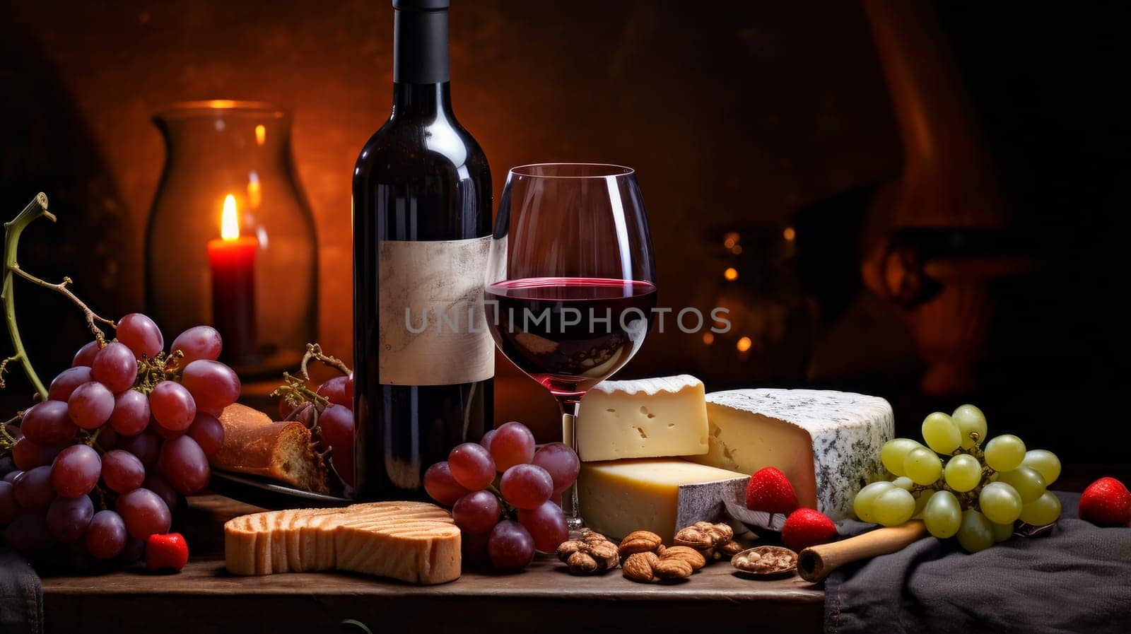 Refined still life with red wine, cheese and grapes on a wicker tray on a wooden table on a dark background. by Alla_Yurtayeva