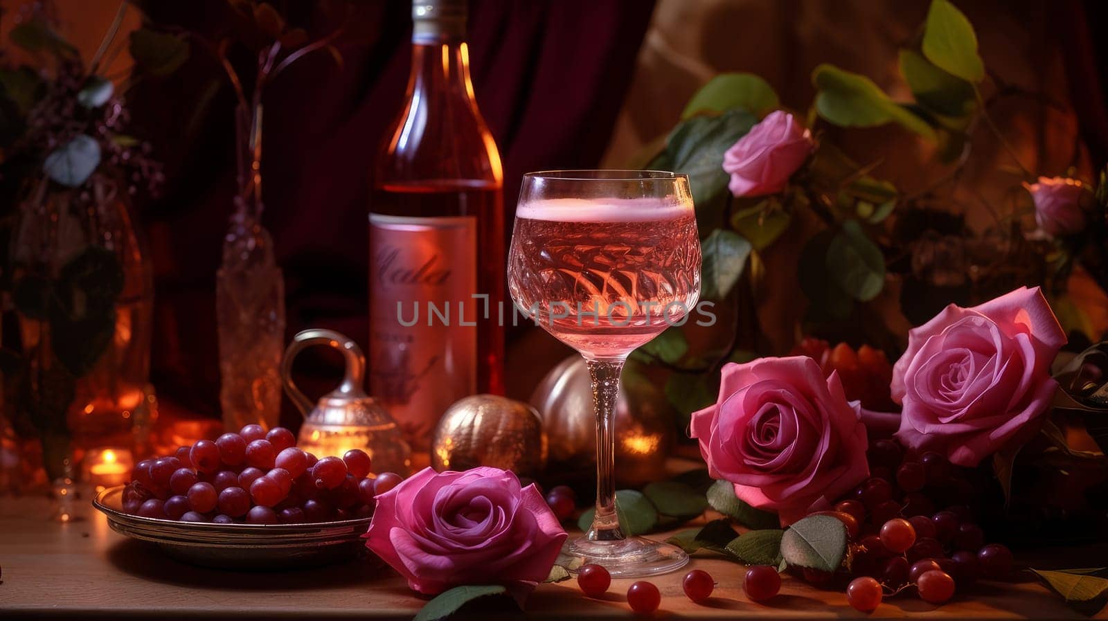 Exquisite still life with rose wine, cheese and grapes on a wicker tray on a wooden table on a dark background. by Alla_Yurtayeva