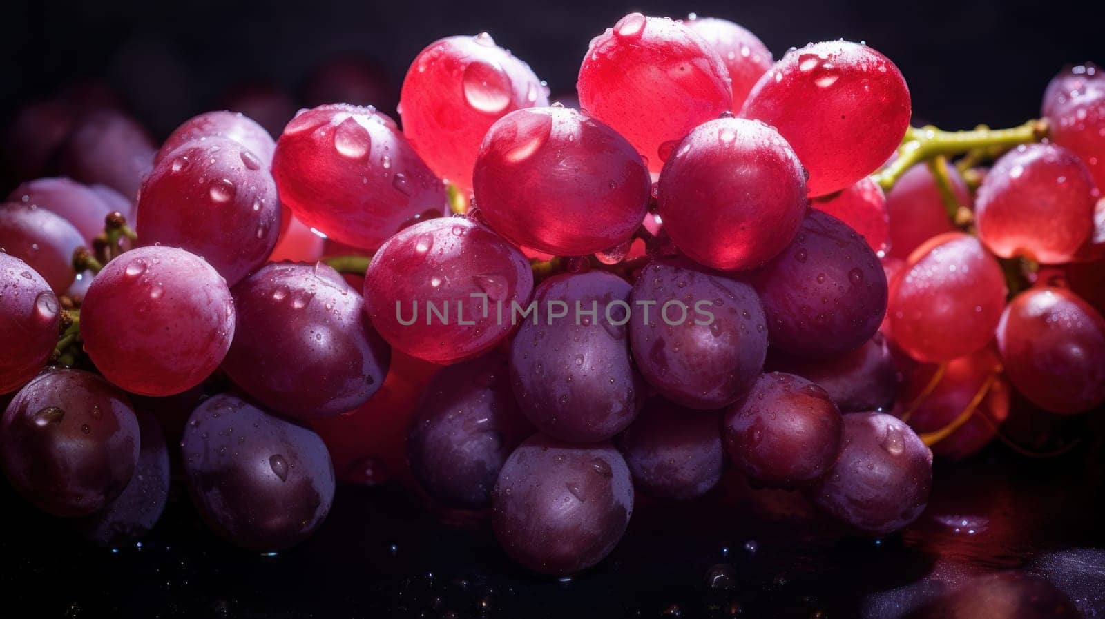 Red, pink grapes with water drops, close-up background. Wine making, vineyards, tourism business, small and private business, chain restaurant, flavorful food and drinks