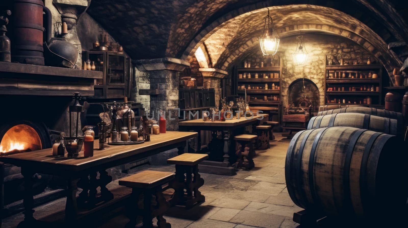 Wine cellar with wine barrels, modern and clean with oak barrels for aging and transport. Wine making, vineyards, tourism business, small and private business, chain restaurant, flavorful food and drinks