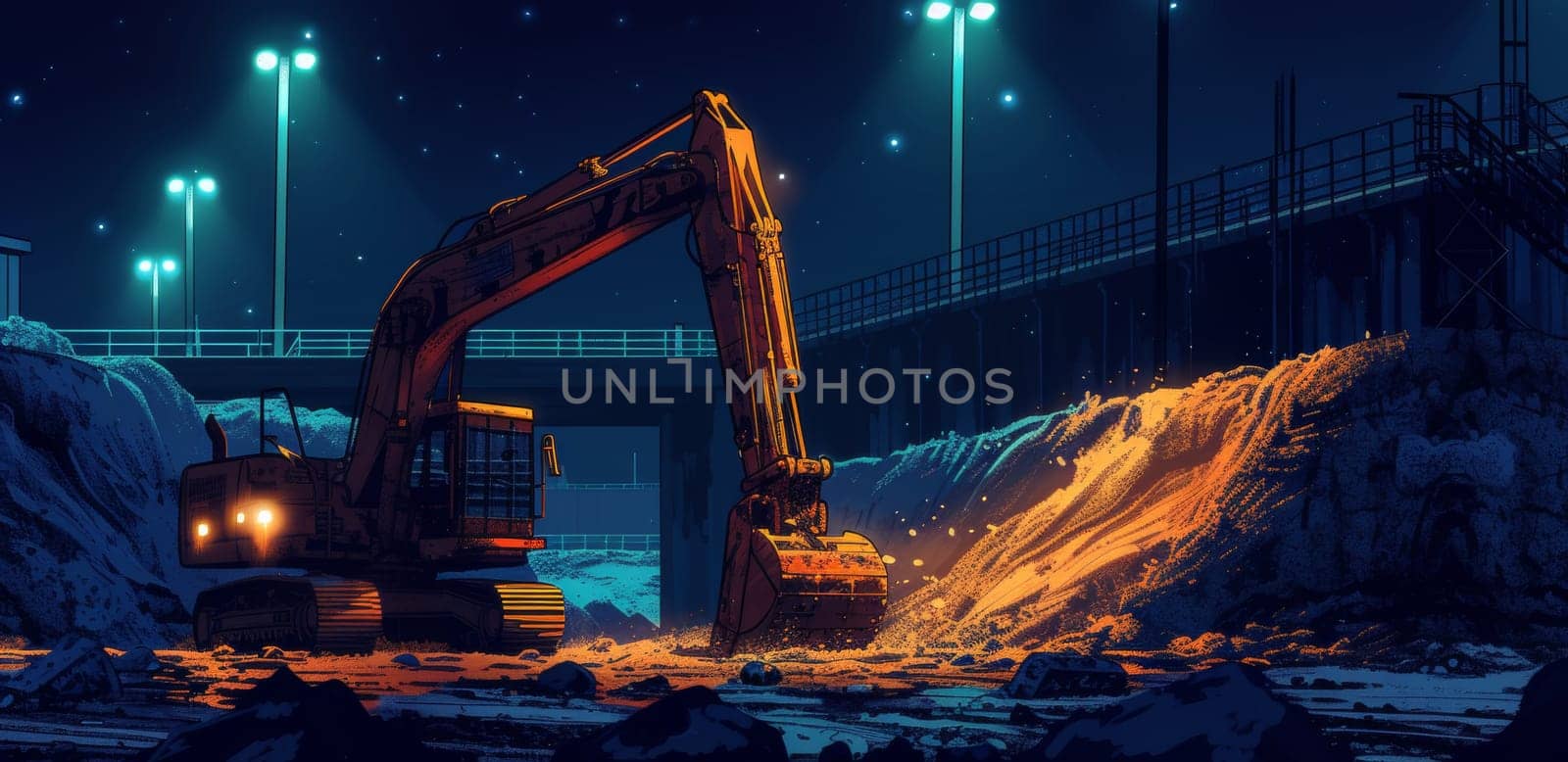 Artistic illustration of an excavator at work during a cold night with neon lights and snow