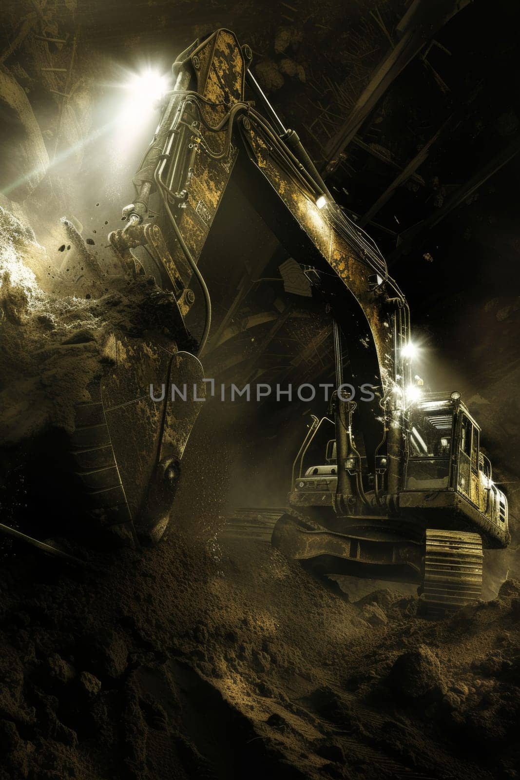 Excavator with bright headlights working at night, emitting steam and dust
