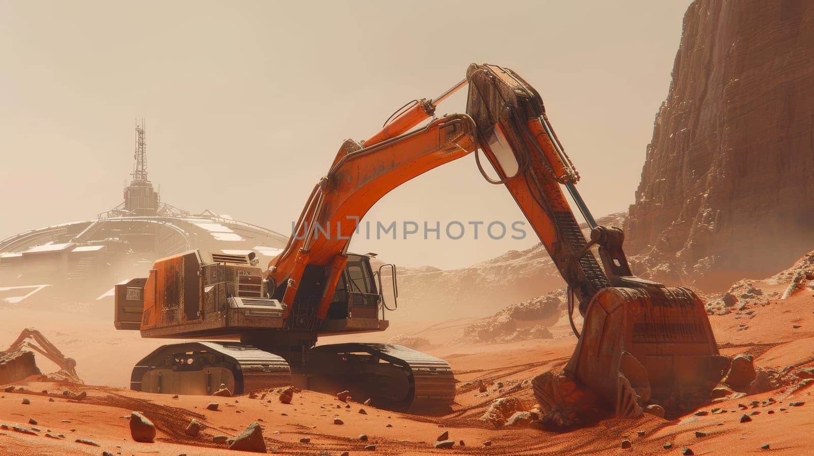 Excavator on a Mars-like terrain with a large planet in the background amidst a hazy sky