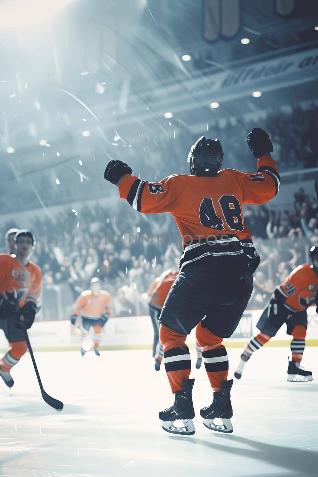 Hockey player in red celebrating a win with fists pumped in the air, illuminated by the spotlight