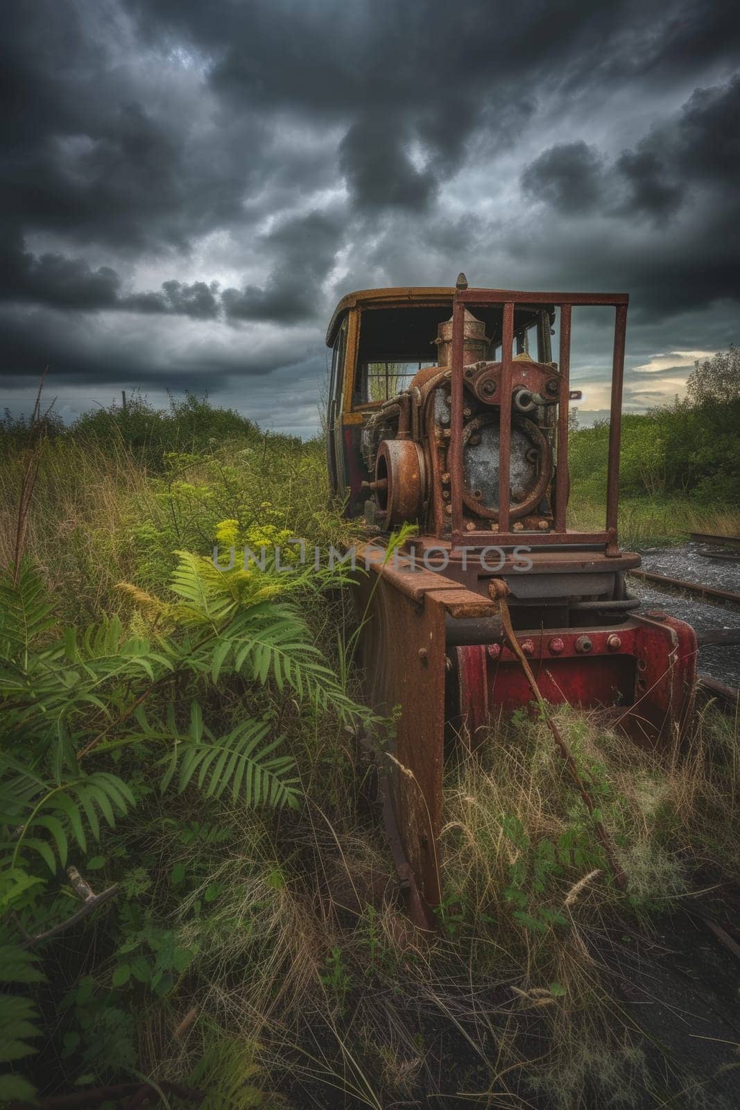Old rusty bulldozer sitting abandoned in a lush field with overcast skies, evoking a sense of desolation