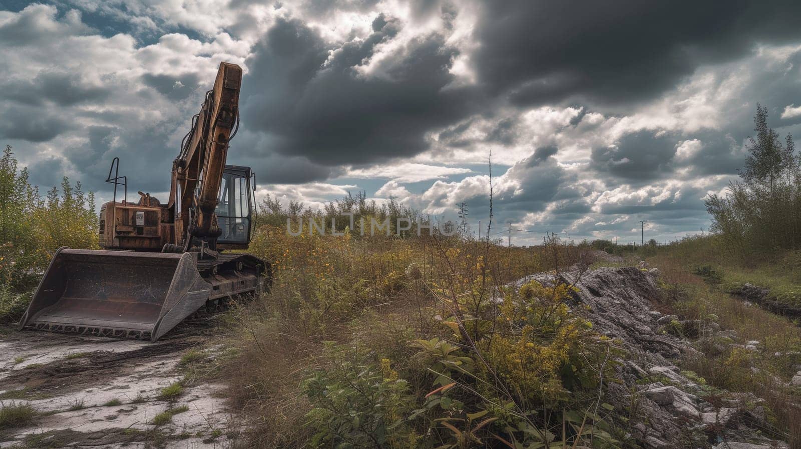 Weathered excavator left in overgrown foliage under a moody sky