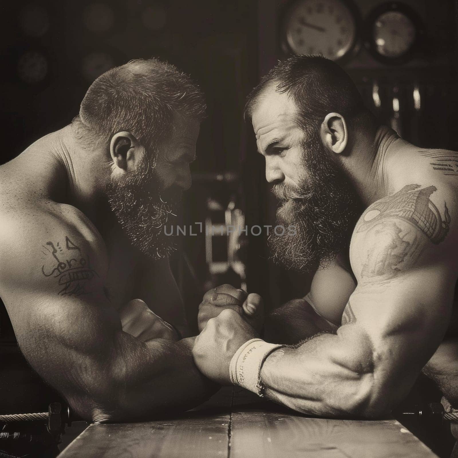 Monochrome image of two muscular bearded men in an intense arm wrestling match, evoking a classic, timeless feel