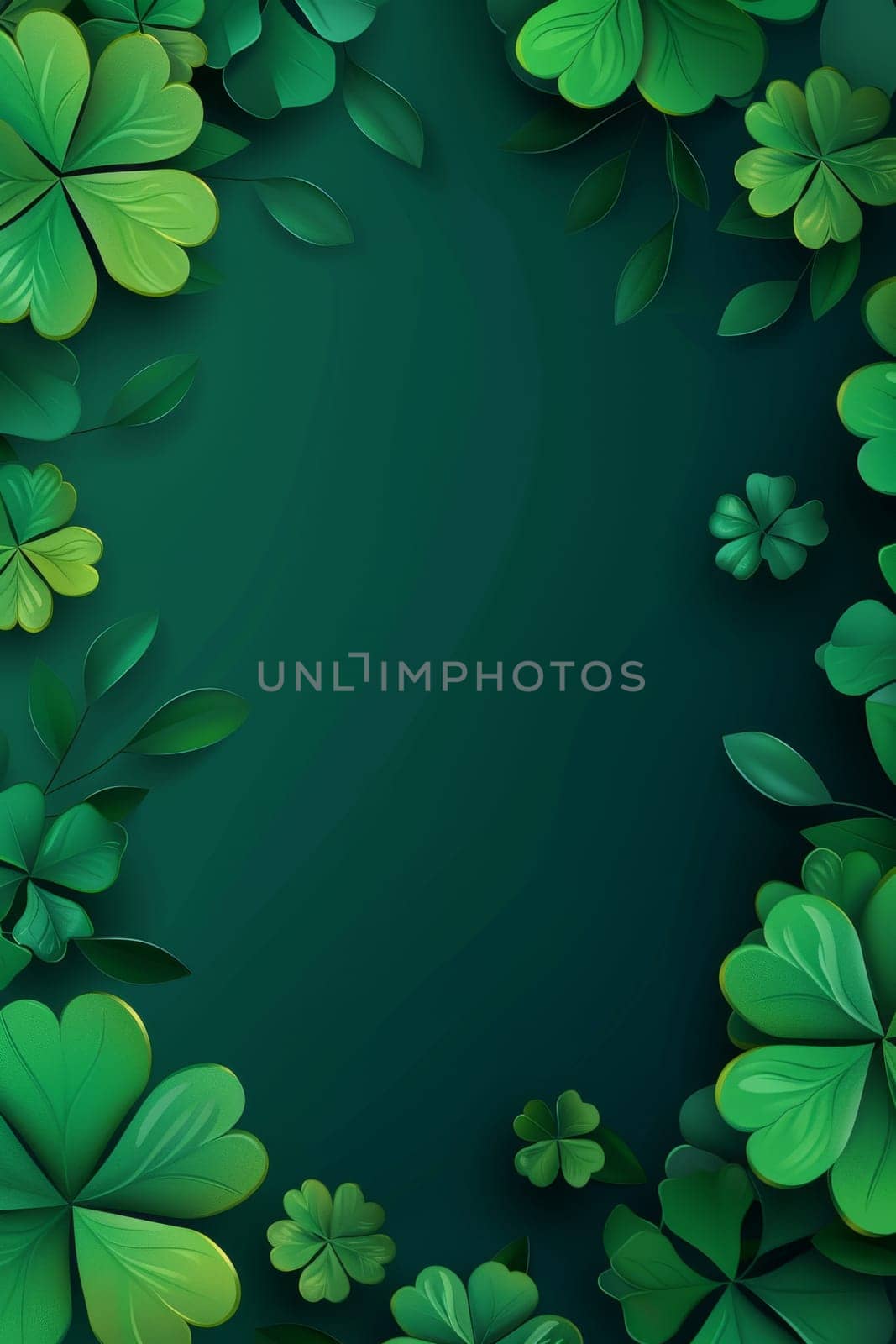 Artistic representation of clover leaves and golden stars on a gradient green background, suggesting festivity
