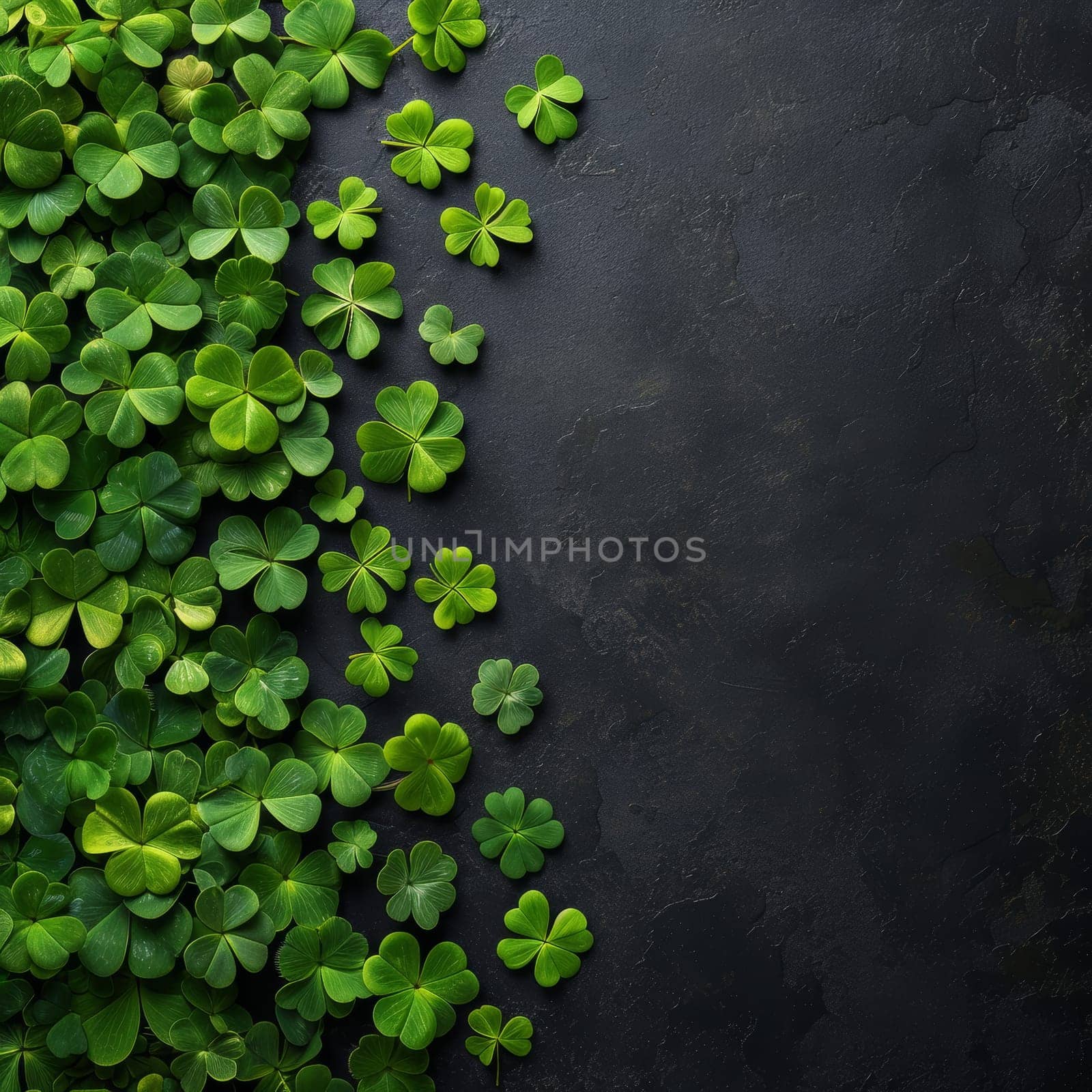 Fresh green clover leaves spilling across a dark slate background with a gradient transition