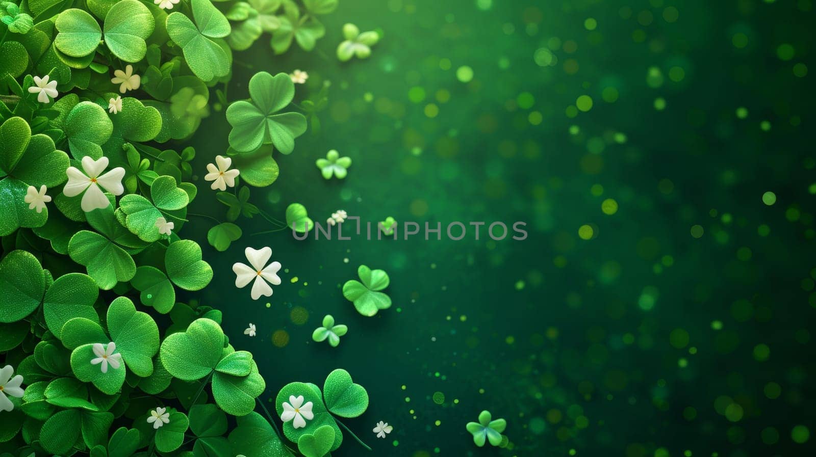 Artistic representation of clover leaves and golden stars on a gradient green background, suggesting festivity