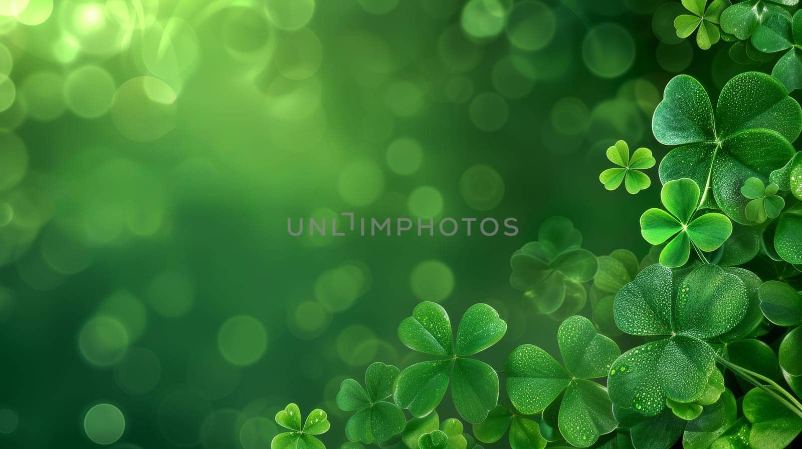 A serene field of dew-kissed clovers under soft, sparkling lights, creating a magical ambiance with copy space for text