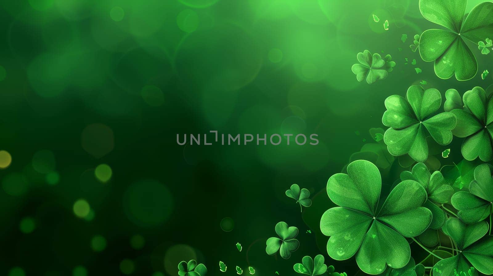 A serene field of dew-kissed clovers under soft, sparkling lights, creating a magical ambiance with copy space for text