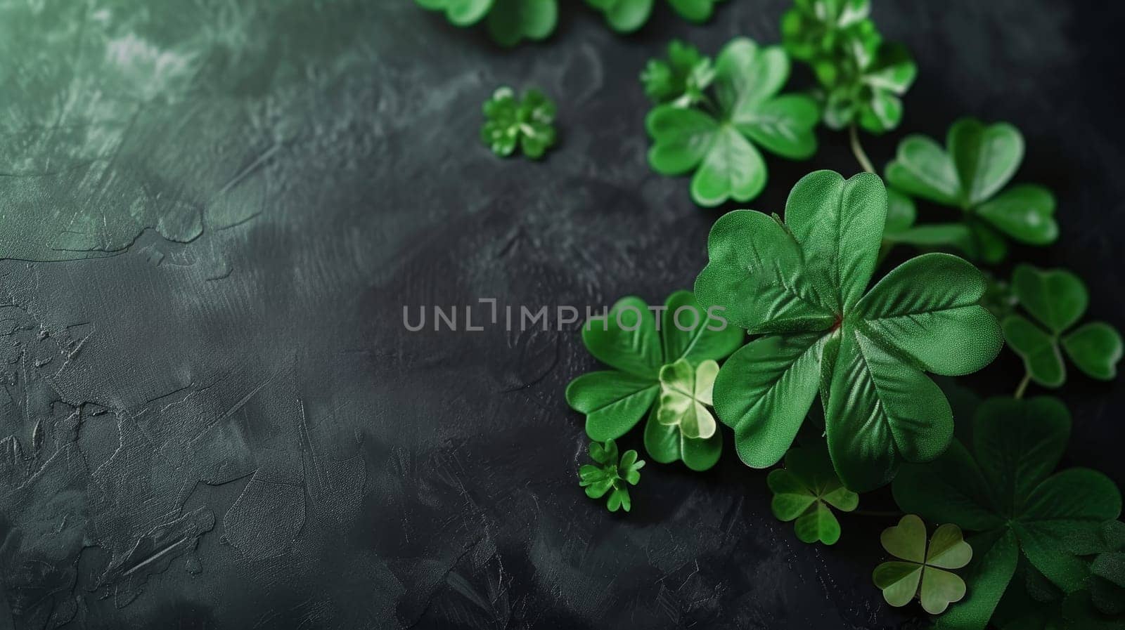 Fresh green clover leaves spilling across a dark slate background with a gradient transition