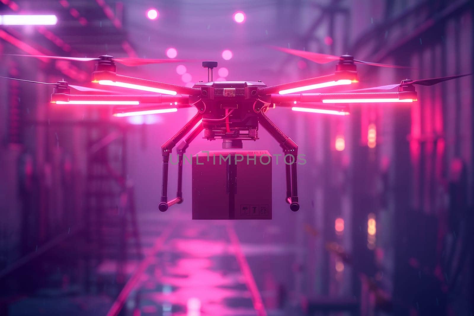 A drone is flying in a warehouse with a box on it.