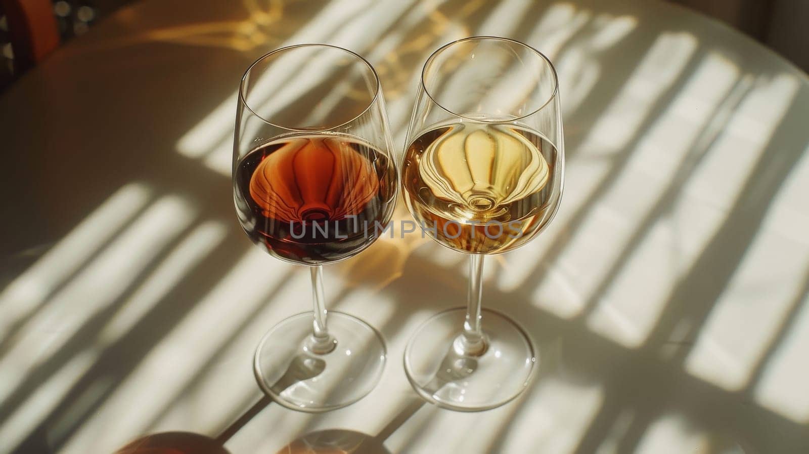 Two wine glasses, one red and one white, sit on a table.