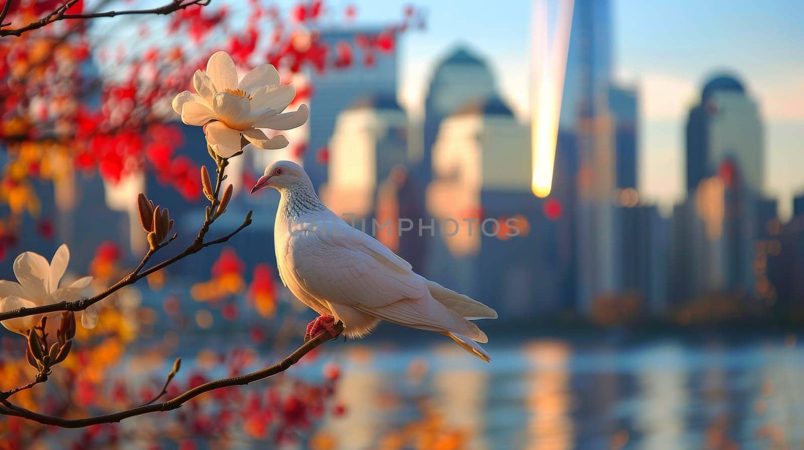 A white dove is perched on a branch of a tree in front of a city skyline. Concept of peace and tranquility, as the bird is surrounded by the hustle and bustle of the city