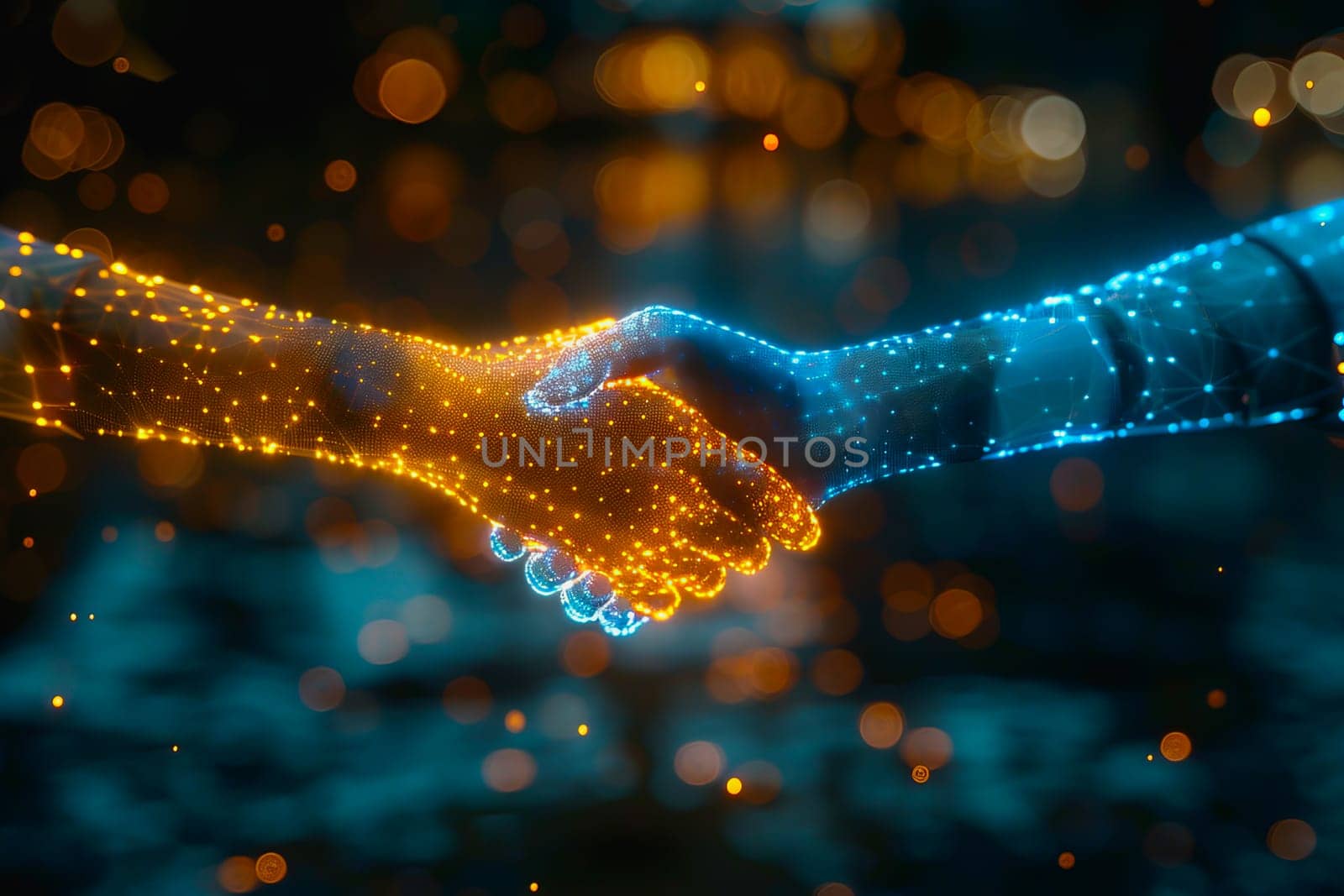 Powerful handshake, background business digital format in abstract technology of the future. by Manastrong