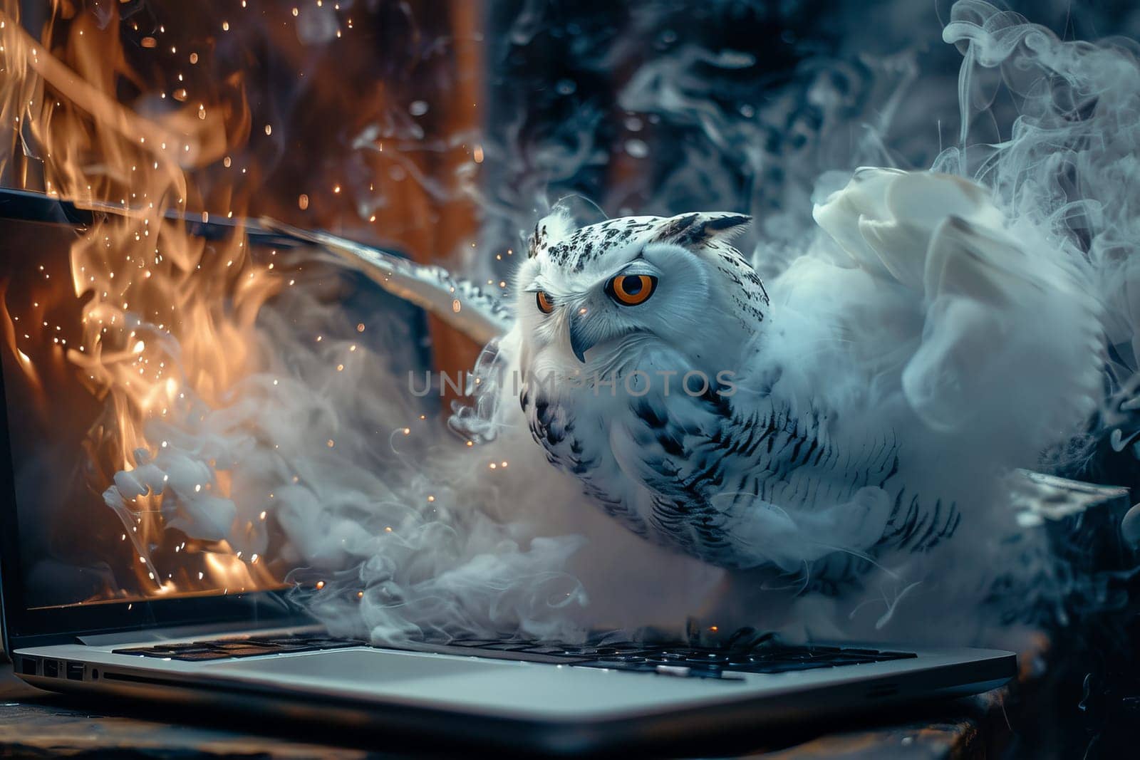 A white owl is perched on a laptop computer, with smoke by itchaznong