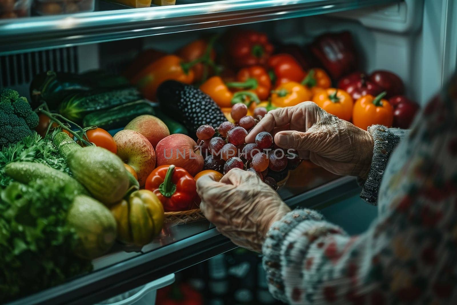 A woman is reaching for a bunch of grapes in a refrigerator. The refrigerator is full of fruits and vegetables, including apples, oranges, and broccoli. The woman is in a relaxed