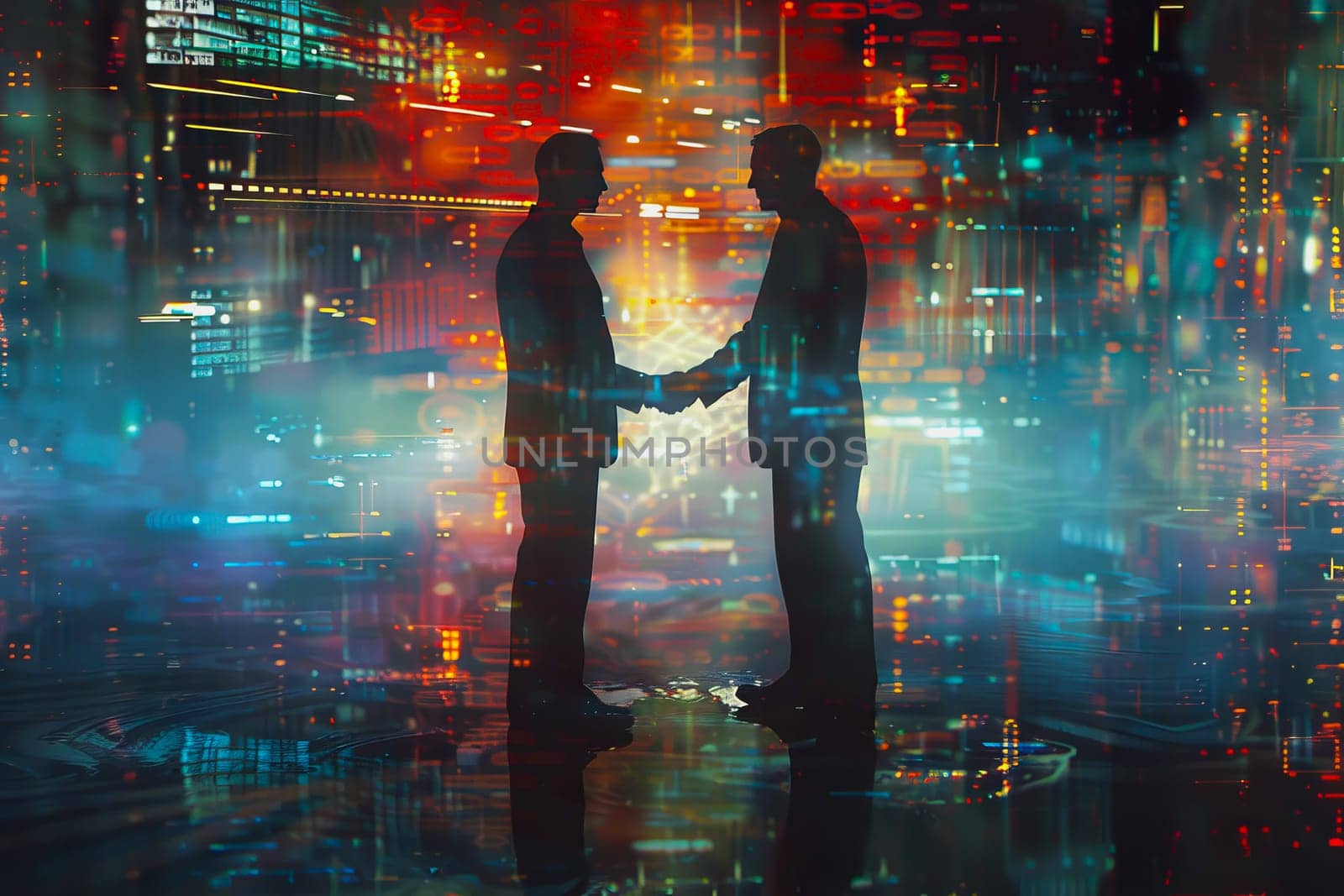 Handshake between business people and futuristic technology background. by Manastrong